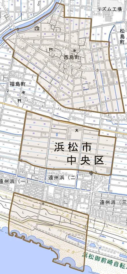 西島町とその周辺の地図。町の範囲を重ねている