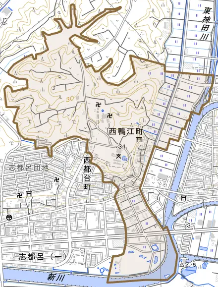 西鴨江町とその周辺の地図。町の範囲を重ねている