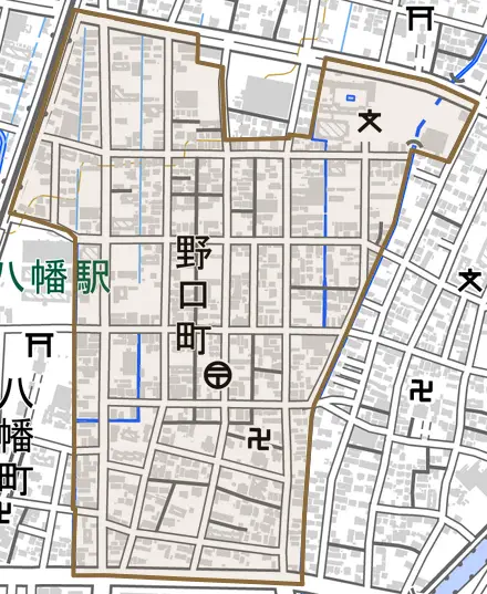野口町とその周辺の地図。町の範囲を重ねている