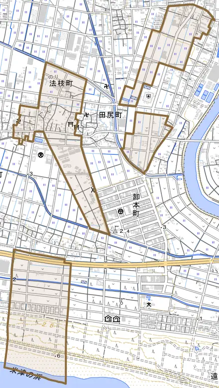 法枝町とその周辺の地図。町の範囲を重ねている