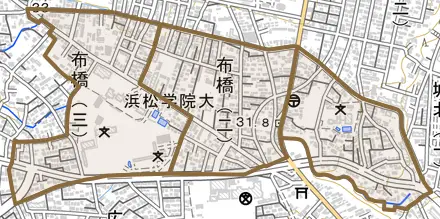 布橋とその周辺の地図。町の範囲を重ねている