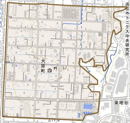 大原町とその周辺の地図。町の範囲を重ねている