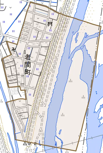 老間町とその周辺の地図。町の範囲を重ねている