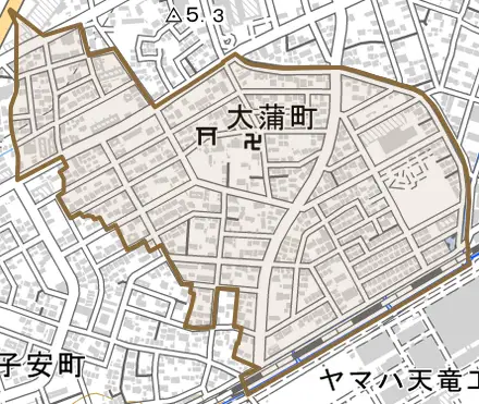 大蒲町とその周辺の地図。町の範囲を重ねている