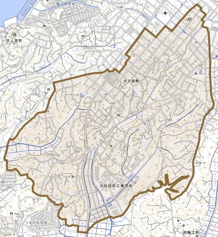 大久保町とその周辺の地図。町の範囲を重ねている