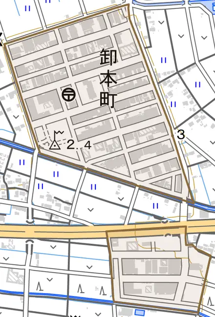 卸本町とその周辺の地図。町の範囲を重ねている