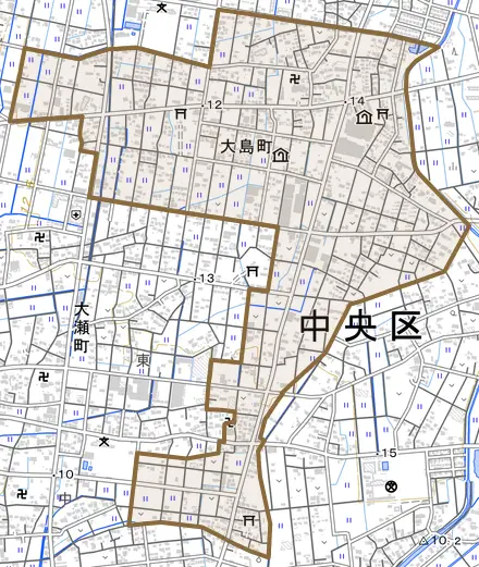 大島町とその周辺の地図。町の範囲を重ねている