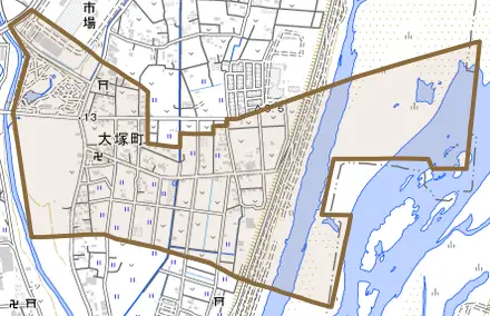 大塚町とその周辺の地図。町の範囲を重ねている