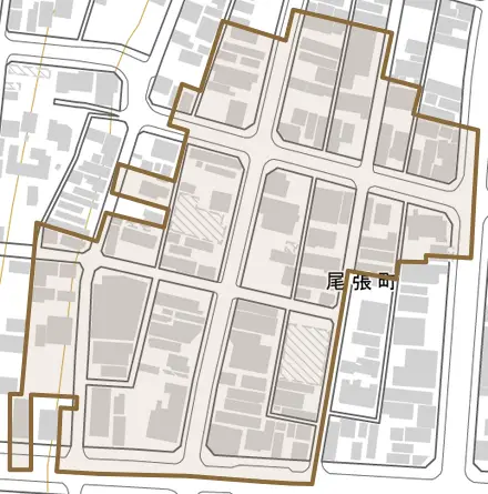 尾張町とその周辺の地図。町の範囲を重ねている