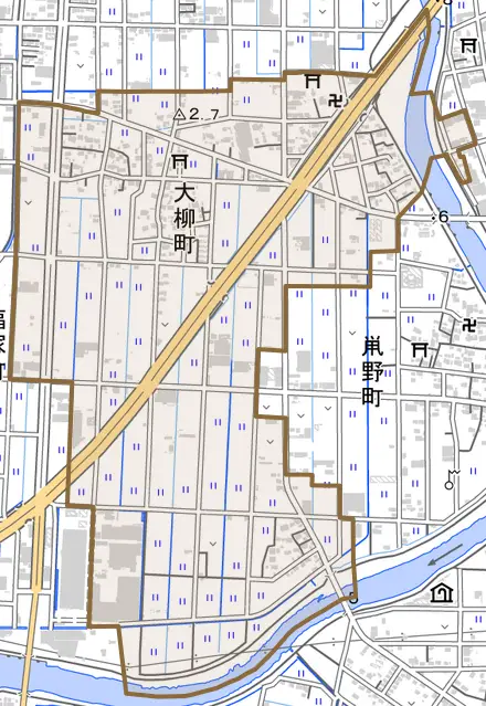大柳町とその周辺の地図。町の範囲を重ねている
