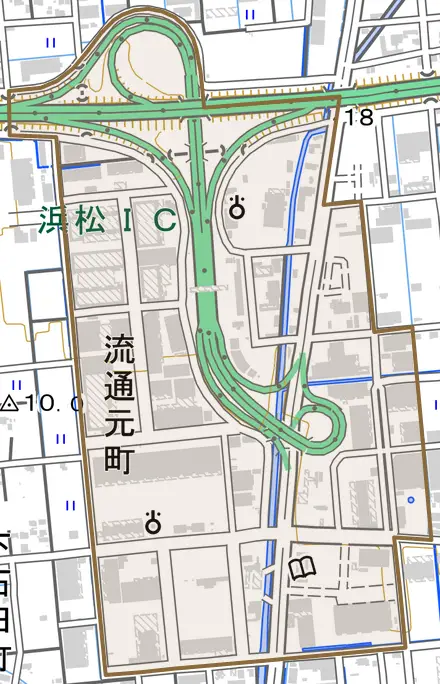 流通元町とその周辺の地図。町の範囲を重ねている