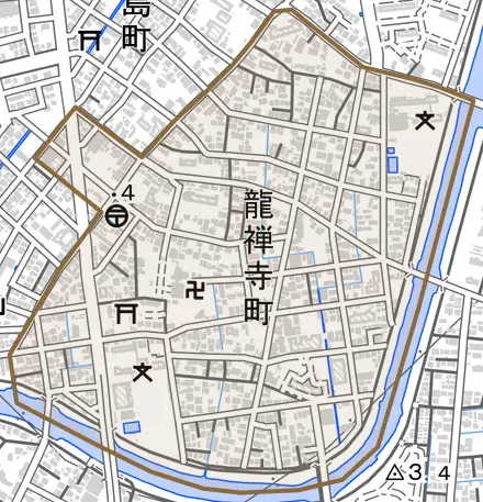 龍禅寺町とその周辺の地図。町の範囲を重ねている