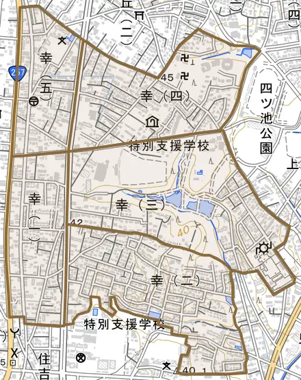 幸とその周辺の地図。町の範囲を重ねている