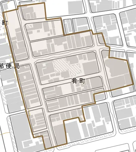 肴町とその周辺の地図。町の範囲を重ねている