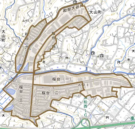 桜台とその周辺の地図。町の範囲を重ねている