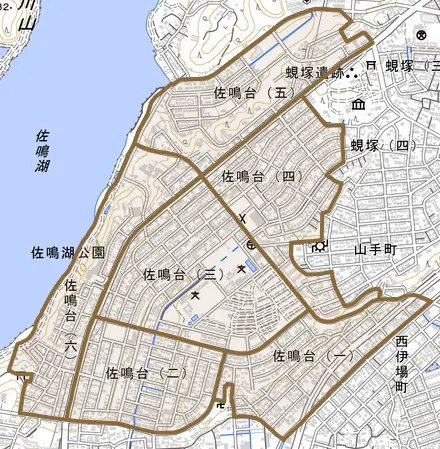 佐鳴台とその周辺の地図。町の範囲を重ねている