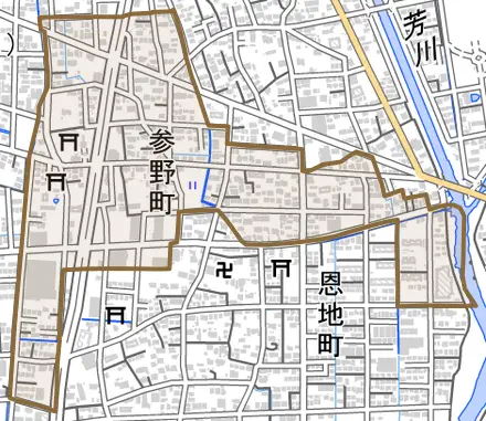参野町とその周辺の地図。町の範囲を重ねている