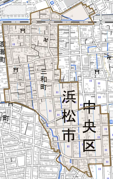 三和町とその周辺の地図。町の範囲を重ねている
