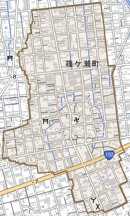 篠ケ瀬町とその周辺の地図。町の範囲を重ねている