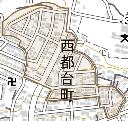 西都台町とその周辺の地図。町の範囲を重ねている