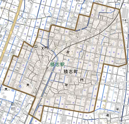 積志町とその周辺の地図。町の範囲を重ねている