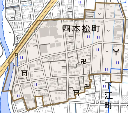 四本松町とその周辺の地図。町の範囲を重ねている