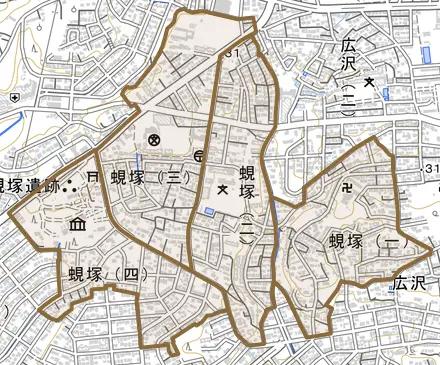 蜆塚とその周辺の地図。町の範囲を重ねている
