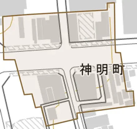 神明町とその周辺の地図。町の範囲を重ねている