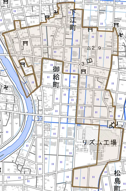 下江町とその周辺の地図。町の範囲を重ねている