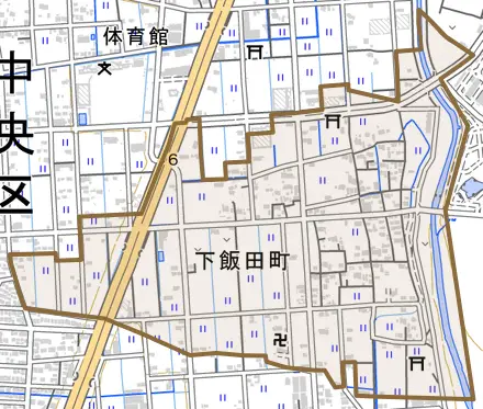 下飯田町とその周辺の地図。町の範囲を重ねている