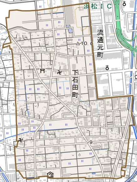下石田町とその周辺の地図。町の範囲を重ねている