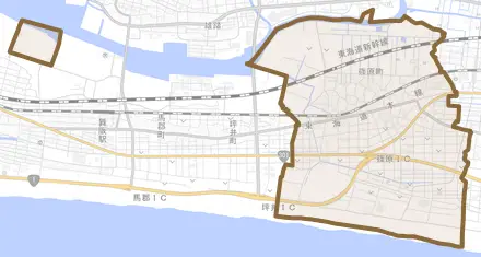 篠原町とその周辺の地図。町の範囲を重ねている
