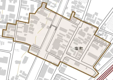 塩町とその周辺の地図。町の範囲を重ねている
