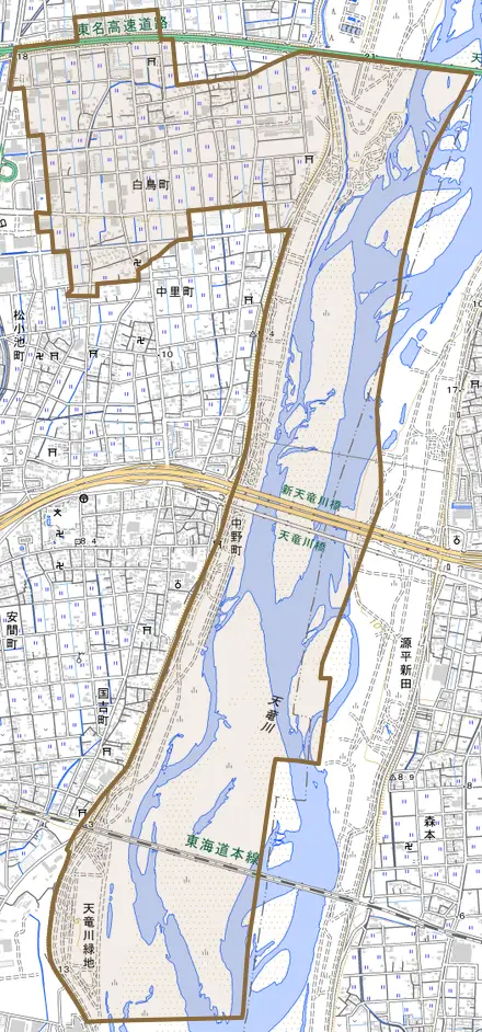 白鳥町とその周辺の地図。町の範囲を重ねている