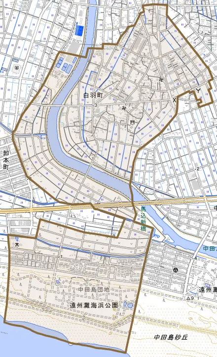 白羽町とその周辺の地図。町の範囲を重ねている