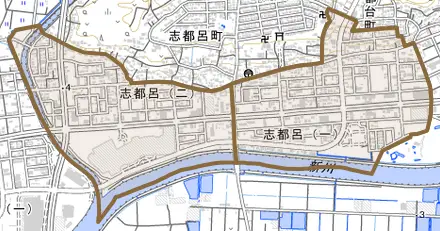 志都呂とその周辺の地図。町の範囲を重ねている