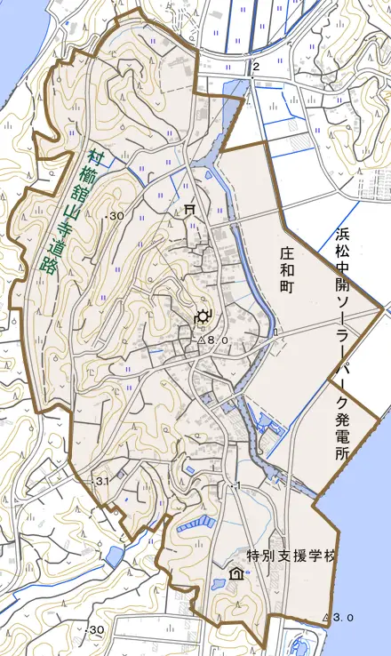 庄和町とその周辺の地図。町の範囲を重ねている