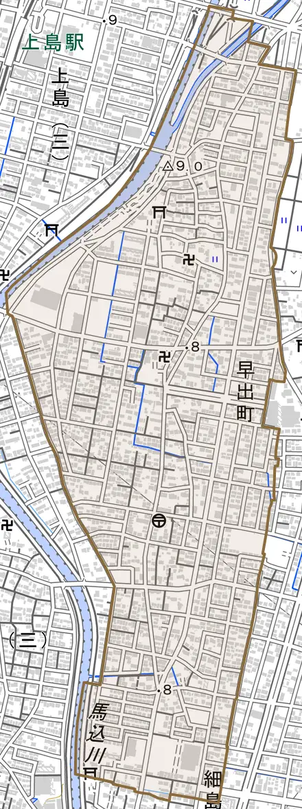 早出町とその周辺の地図。町の範囲を重ねている