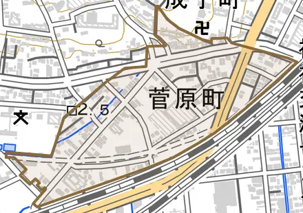 菅原町とその周辺の地図。町の範囲を重ねている