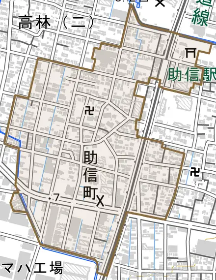 助信町とその周辺の地図。町の範囲を重ねている