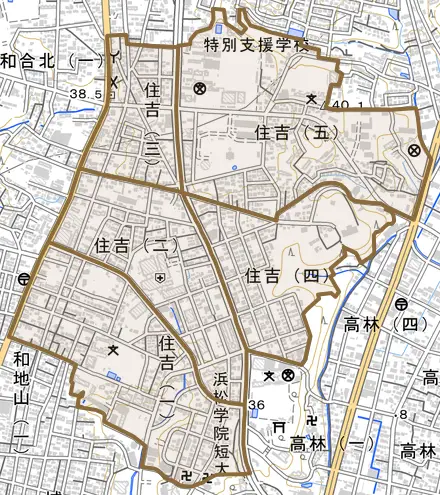 住吉とその周辺の地図。町の範囲を重ねている