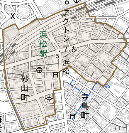 砂山町とその周辺の地図。町の範囲を重ねている