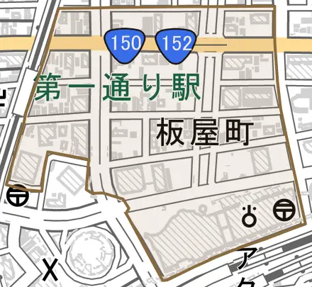板屋町とその周辺の地図。町の範囲を重ねている