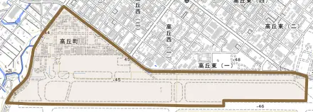 高丘町とその周辺の地図。町の範囲を重ねている