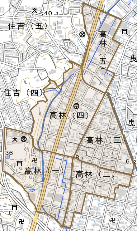 高林とその周辺の地図。町の範囲を重ねている