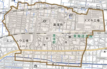 高塚町とその周辺の地図。町の範囲を重ねている