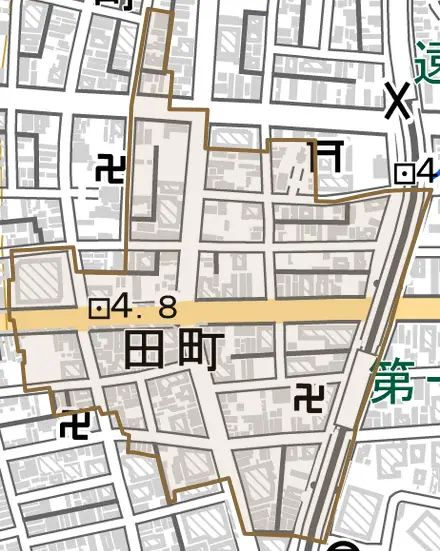 田町とその周辺の地図。町の範囲を重ねている