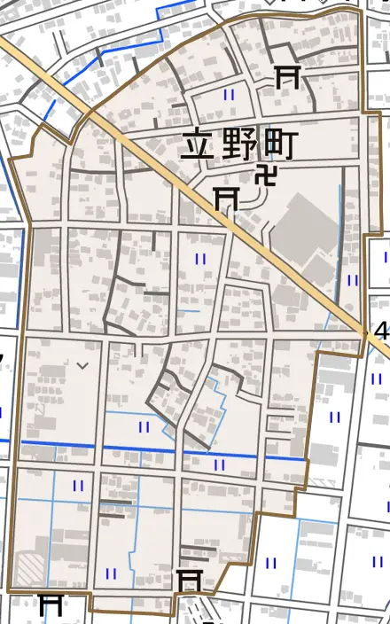 立野町とその周辺の地図。町の範囲を重ねている