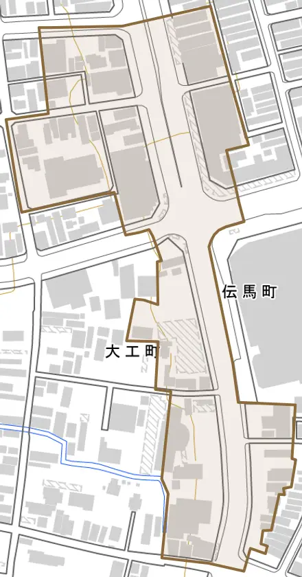 伝馬町とその周辺の地図。町の範囲を重ねている