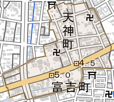 天神町とその周辺の地図。町の範囲を重ねている